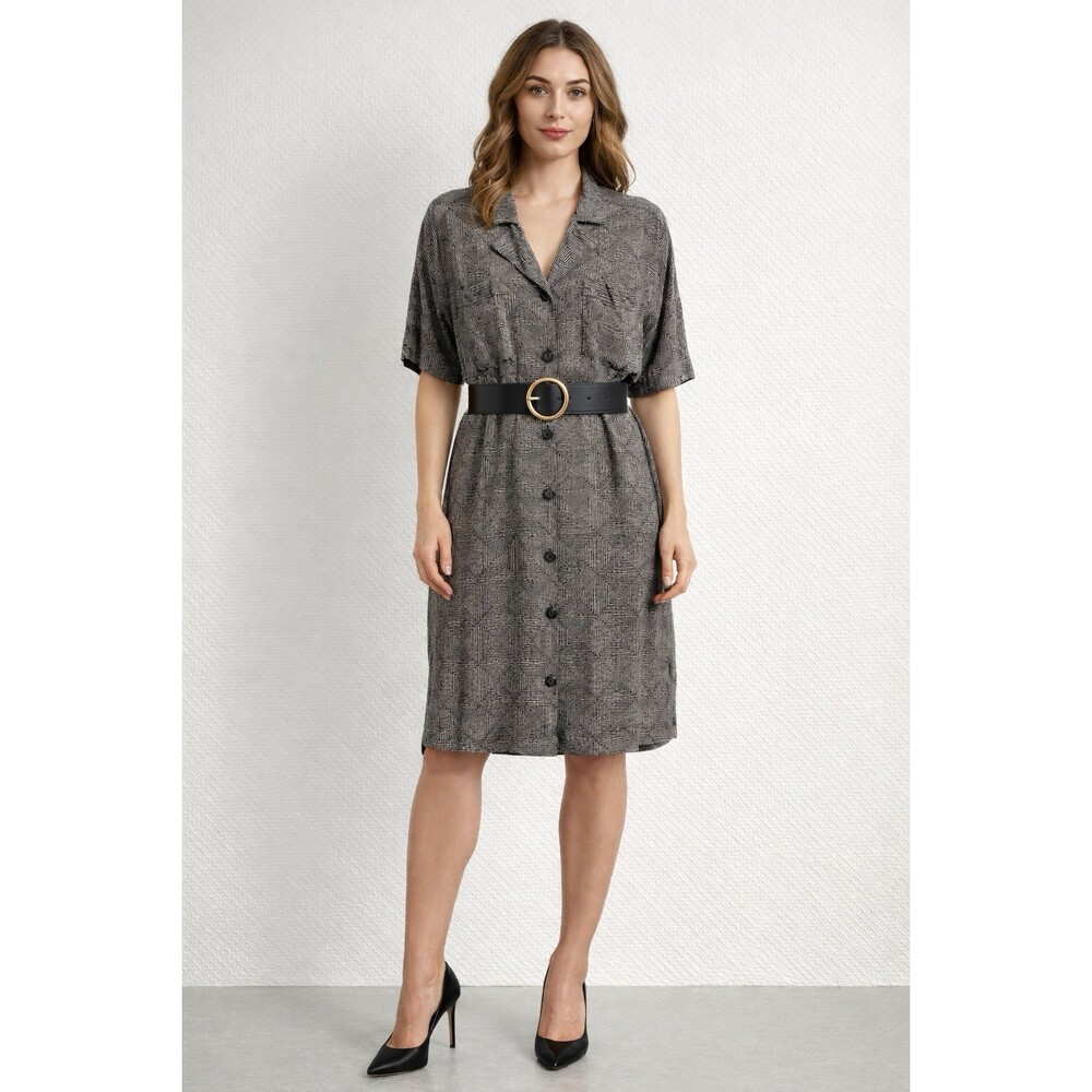 Ellen Tracy Women’s 100% Silk Black Geometric Print Dress Lagenlook Career 80’s